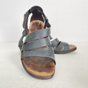 Born Kates‎ Navy Leather Wedge Sandals Womens 8 Hook and Loop Strappy